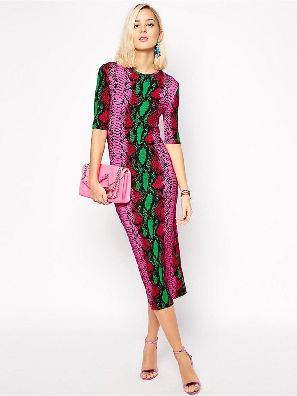 HOUSE OF HOLLAND Snake Print Bodycon Jersey Midi Dress Pink Green Black Size 4